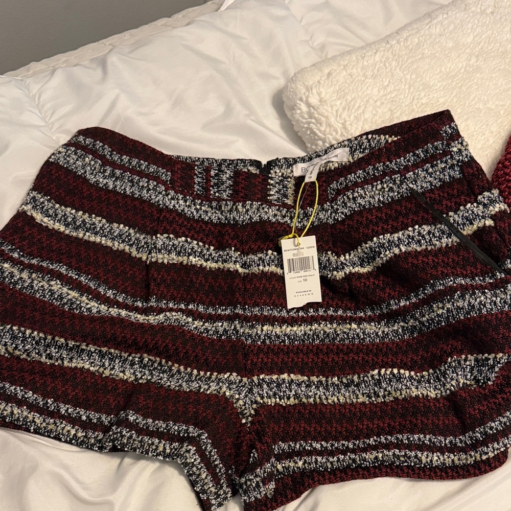 BCBGeneration Burgundy, Gray & Cream Striped Tweed High Waist Shorts